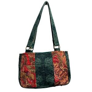 Quilted Tapestry Paisley Shoulder Bag Green Red‎ Gold Handmade Purse Unique Leaf